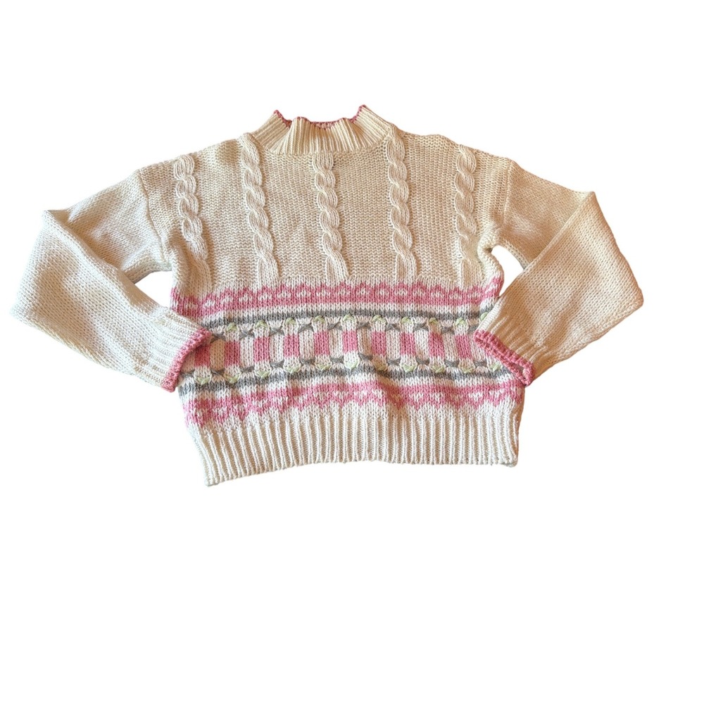 Tangiers Sweater Cream Pink Fair Isle Cable Knit Mock Neck Hand Knit Ramie Blend